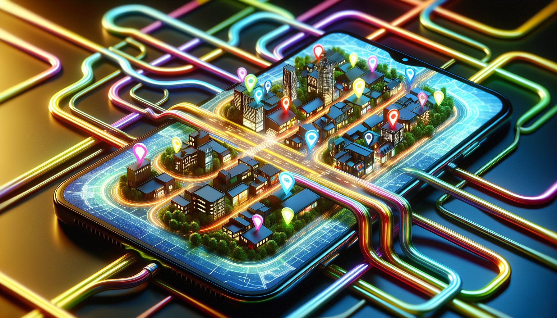 A tangled web of roads connecting local shops with glowing backlink arrows pointing towards a smartphone displaying a map with a highlighted business.