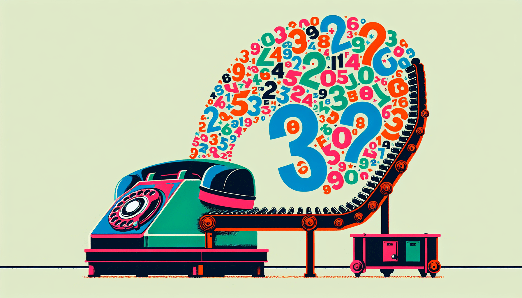 A vintage rotary phone with a conveyor belt of phone numbers feeding into it.