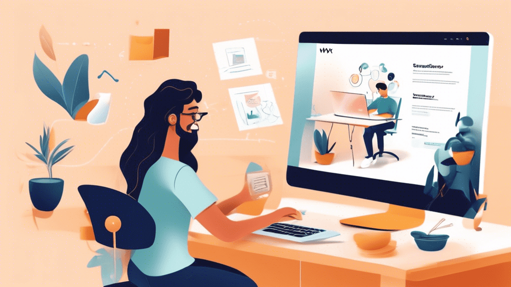 Create an image depicting a person sitting at a desk, enthusiastically building a website on a computer screen using Wix. Include a step-by-step interface on the screen showing the user-friendly tools