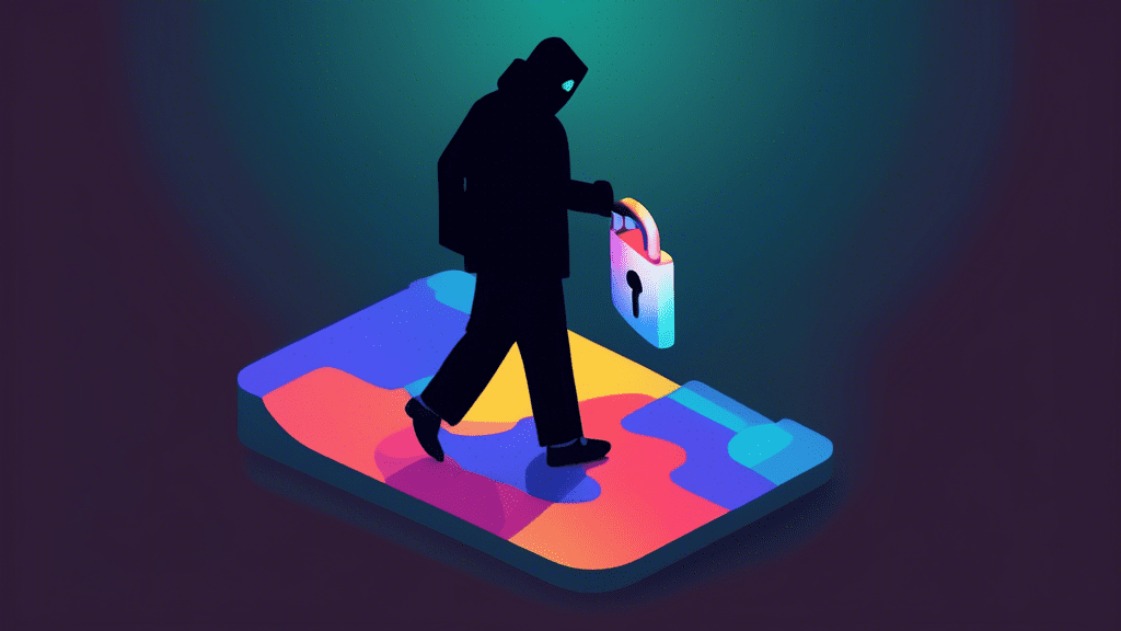 A shadowy figure with a Google Maps pin in its hand, reaching out towards a glowing Google Business Profile logo with a padlock hanging loosely on it.