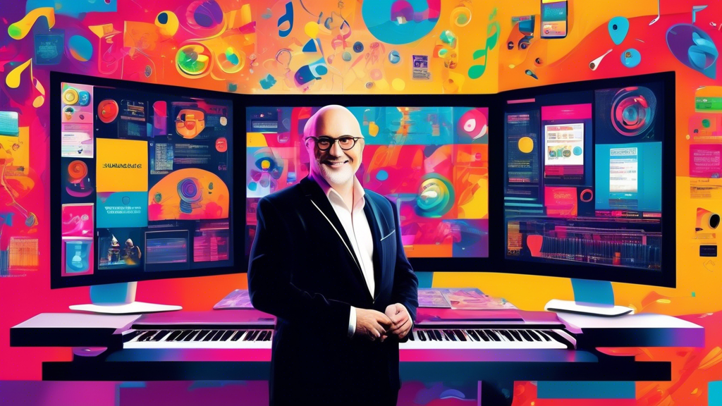 Create an image depicting Billy Gene, styled as a modern marketing maestro, in a vibrant office setting filled with digital screens showcasing ads, social media icons, and marketing analytics. Imagine