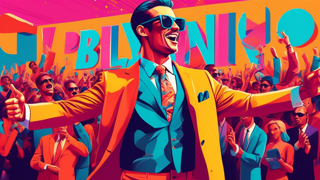 A charismatic man in a vibrant suit and sunglasses, confidently pointing towards a large screen displaying BILLY GENE in bold letters, with a crowd of people cheering in the background.