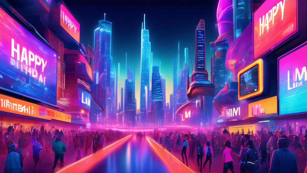 Create an image showcasing a futuristic cityscape at dusk, highlighting a large digital billboard that reads, Happy Birthday, LLM Mbatha! in vibrant neon letters. In the background, there are floating