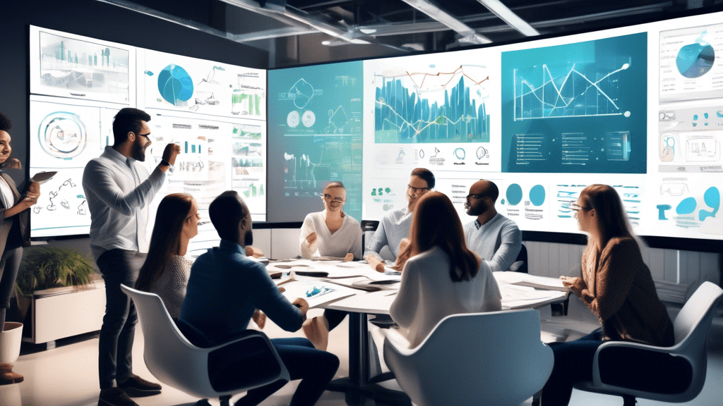 Create an image of a modern office setting where a diverse group of professionals is collaborating on a large touch-screen panel displaying data charts, conversion funnels, and strategy planning. Inco