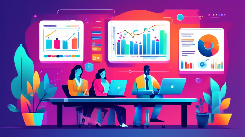 Create an image of a modern office setting where professionals are using laptops and tablets, showcasing automated lead capture tools like chatbots and forms on their screens. Include visually appeali