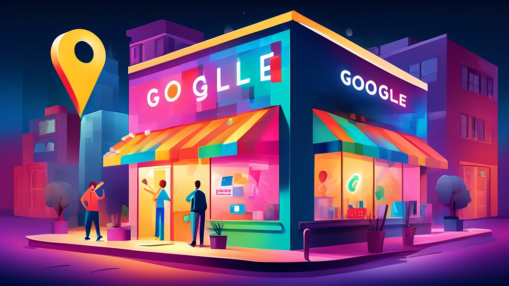 A small business storefront bursting with colorful light and activity, with a giant Google Maps location pin hovering overhead and a magnifying glass highlighting positive customer reviews.