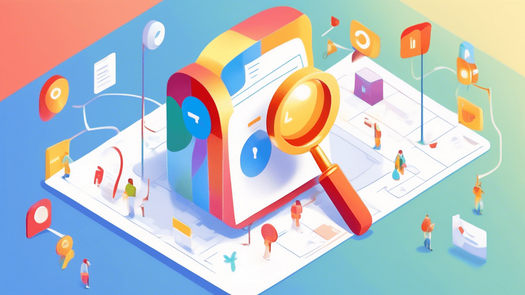 A storefront bursting with shining light and positive energy with the Google Maps pin icon hovering above and a giant magnifying glass revealing a Google Business Profile checklist.