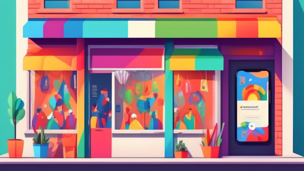 A small business storefront with a large colorful Event Today! banner hanging above the entrance and a smartphone displaying the Google Business Profile event details for the business.