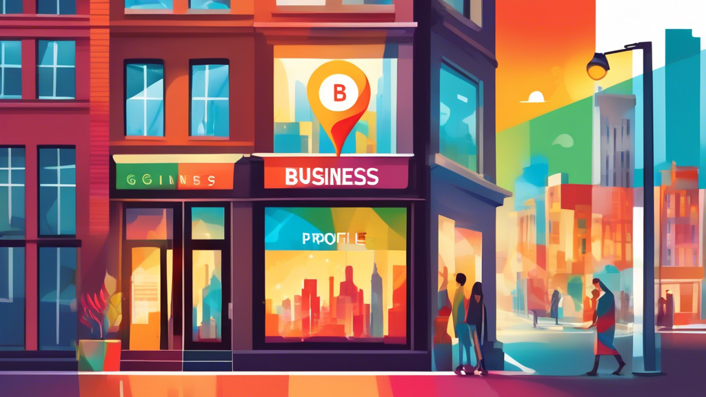 A storefront window with the Google Maps location pin inside, reflecting a bustling city street and the words Business Profile shining brightly.