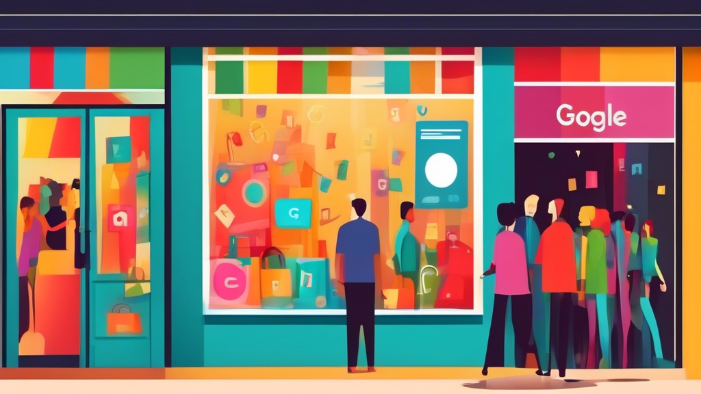 A storefront window with a colorful Google Profile Offer banner, attracting customers inside a bustling shop.