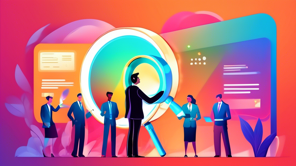 A businessperson with a giant magnifying glass inspecting their Google Business Profile which is glowing with energy and attracting customers.