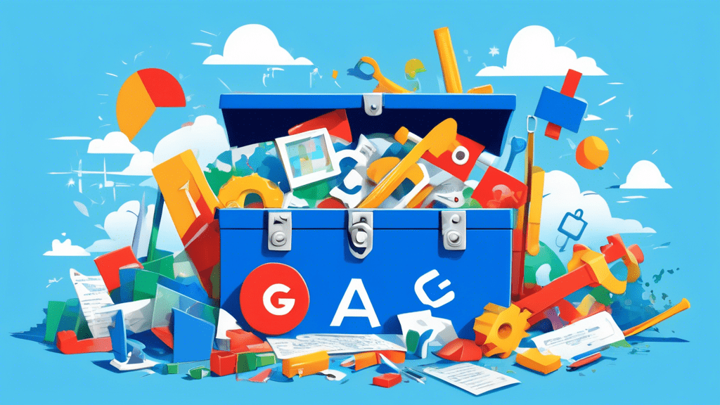 A toolbox overflowing with Google-branded tools like search bars, maps, analytics charts, and dollar signs bursting out against a blue sky background.