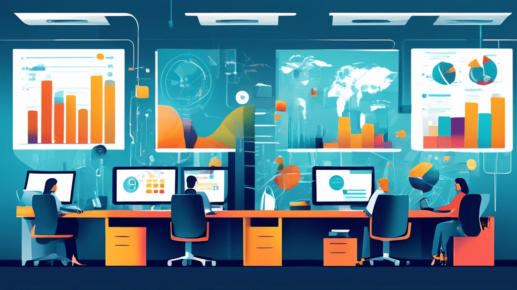 Create an image that showcases a thriving modern office environment where team members are effortlessly managing lead engagement using advanced automation tools. Incorporate elements such as charts de