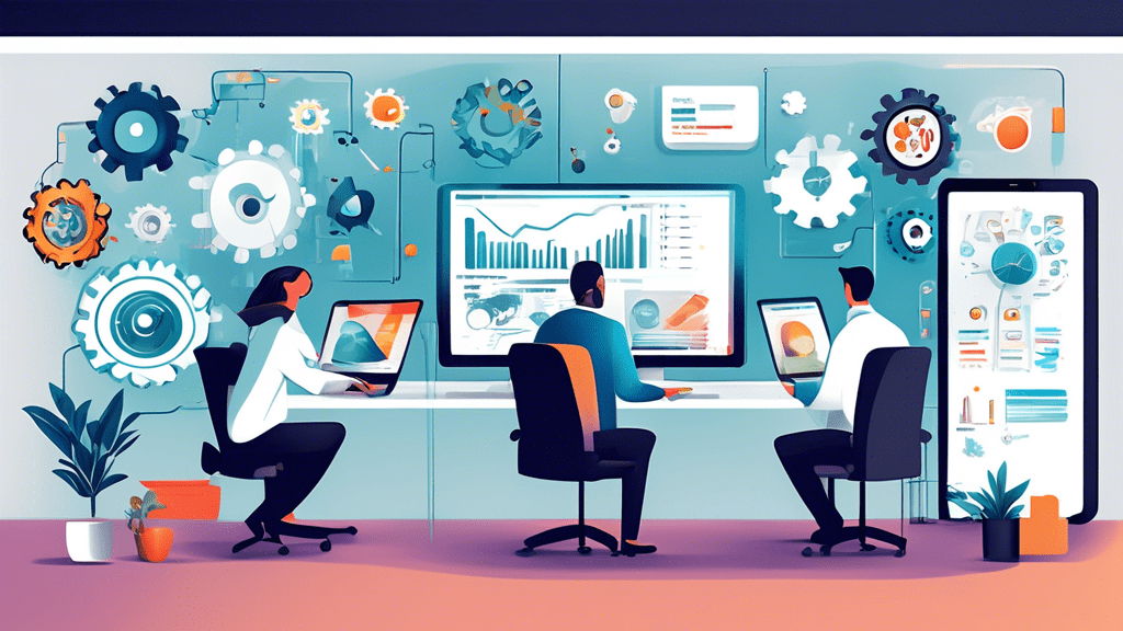 Create an image of a thriving modern office setting where various business professionals are seamlessly using advanced marketing automation platforms. Show sleek computers and tablets displaying chart