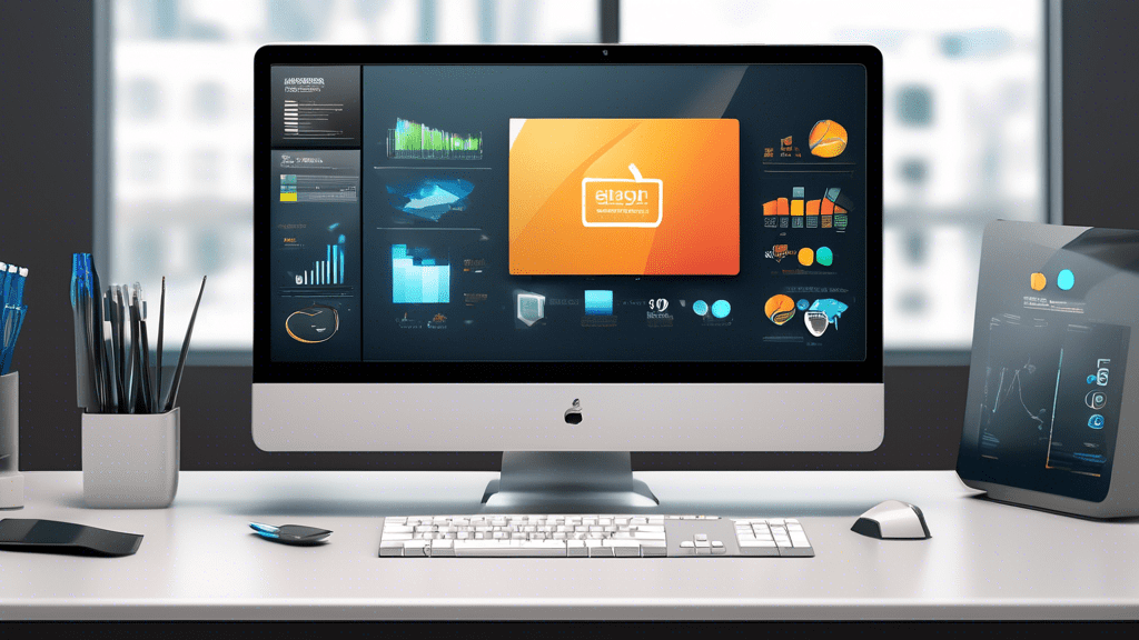 Create an image of a sleek and modern desktop computer setup in a professional office environment. The screen displays a well-designed custom branded desktop application, featuring a company logo, col