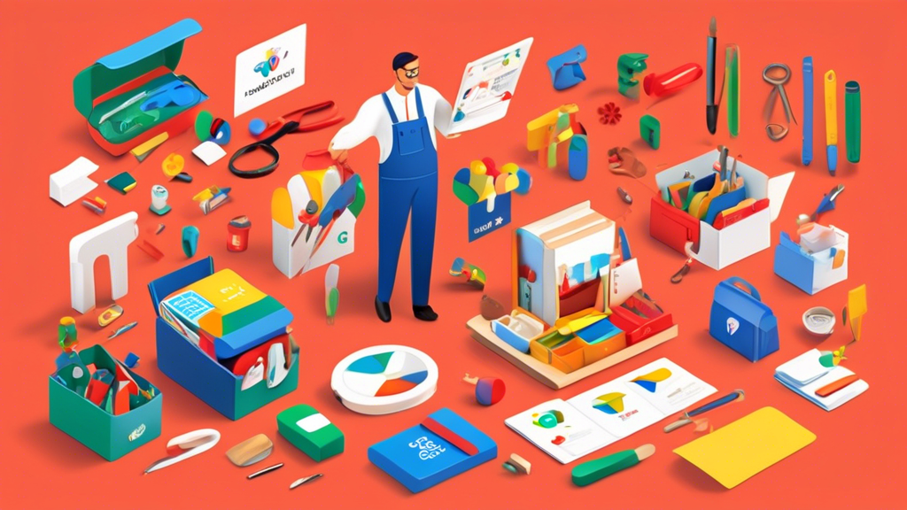 A small business owner happily assembling a miniature toolkit with Google colors and icons, labeled Google Business Profile Marketing Kit flying out of it.