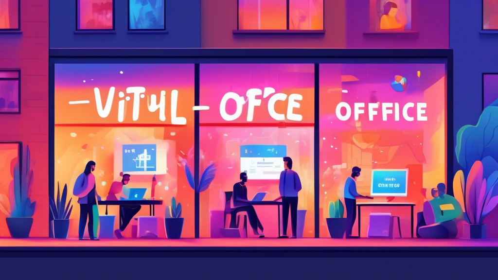 A storefront window with the Google Maps pin logo and the text Virtual Office glowing inside, surrounded by floating laptops, smartphones, and happy people working remotely.