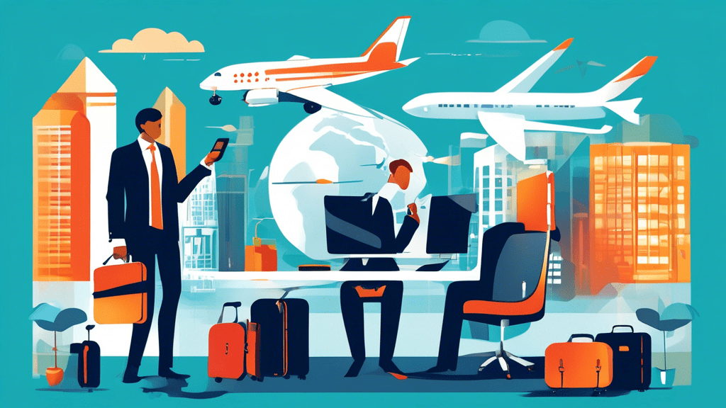 Create a dynamic and modern illustration featuring business professionals using a white label travel booking engine on their laptops and smartphones. Incorporate elements like travel icons (airplanes,