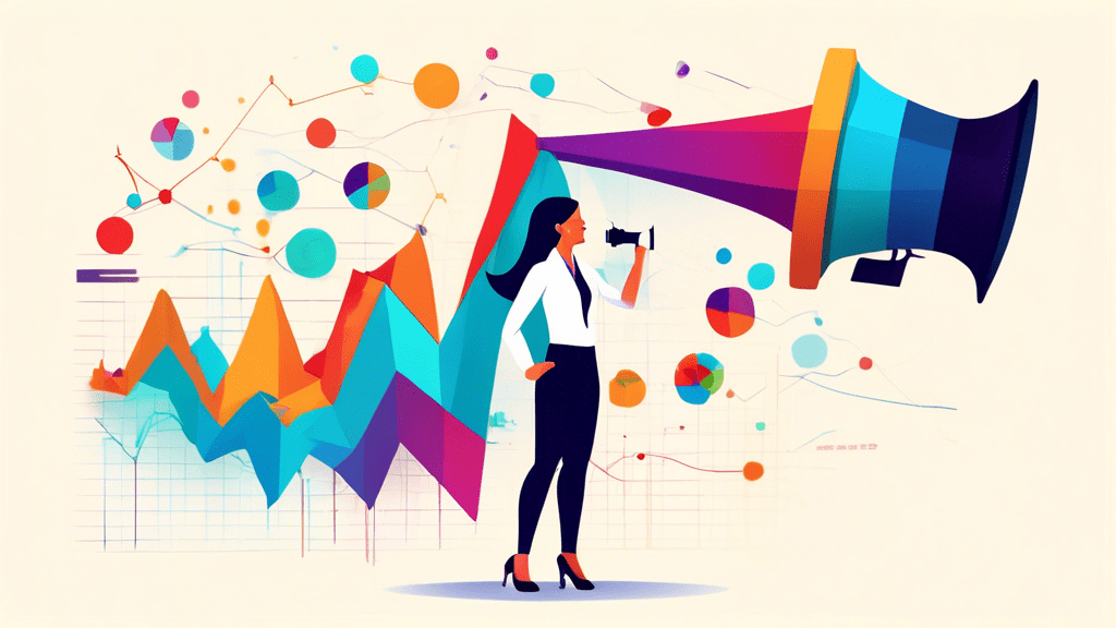 A businesswoman using a giant megaphone made of colorful data charts to amplify a website landing page towards potential customers, with a rising conversion rate graph displayed prominently.