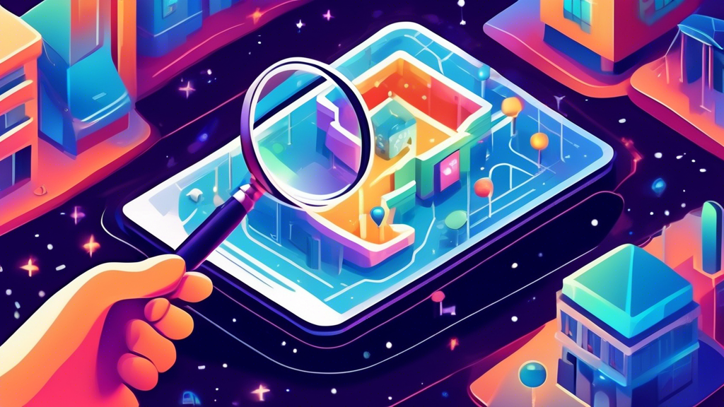 A hand holding a magnifying glass over a glowing Google Maps location pin, with a storefront inside the pin and graphical elements like stars, reviews, and business information floating around it.