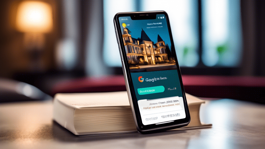 A smartphone displaying a Google Business Profile for a luxury hotel with high ratings, beautiful photos, and a prominent Book Now button.