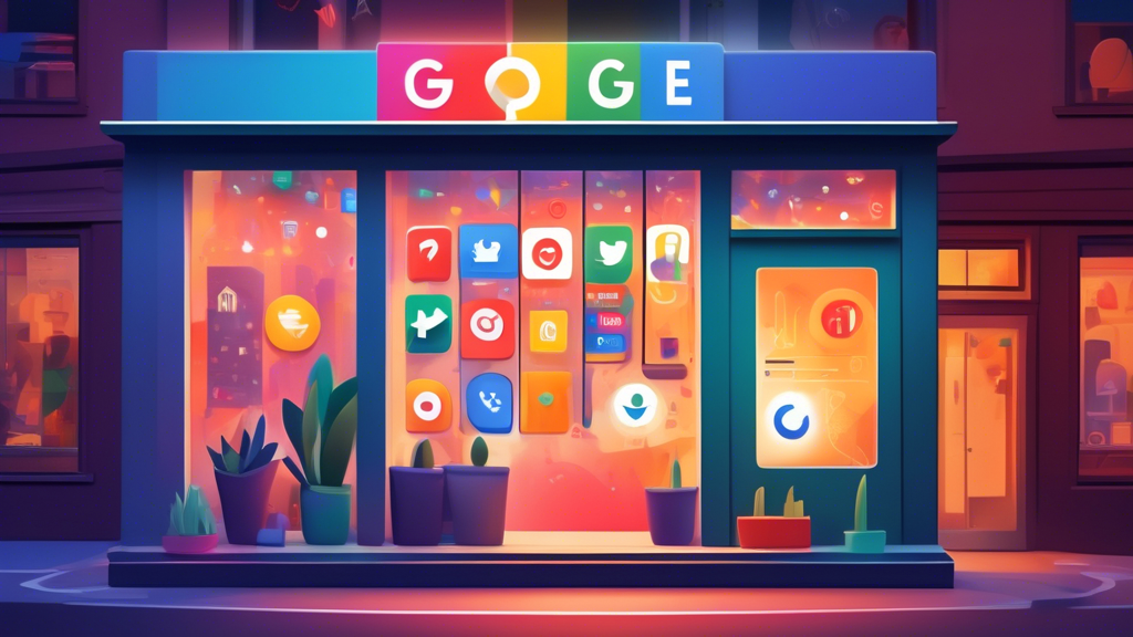 A storefront window with the Google My Business logo glowing in the reflection, superimposed with icons of online reviews, location pins, and a smartphone displaying a website.
