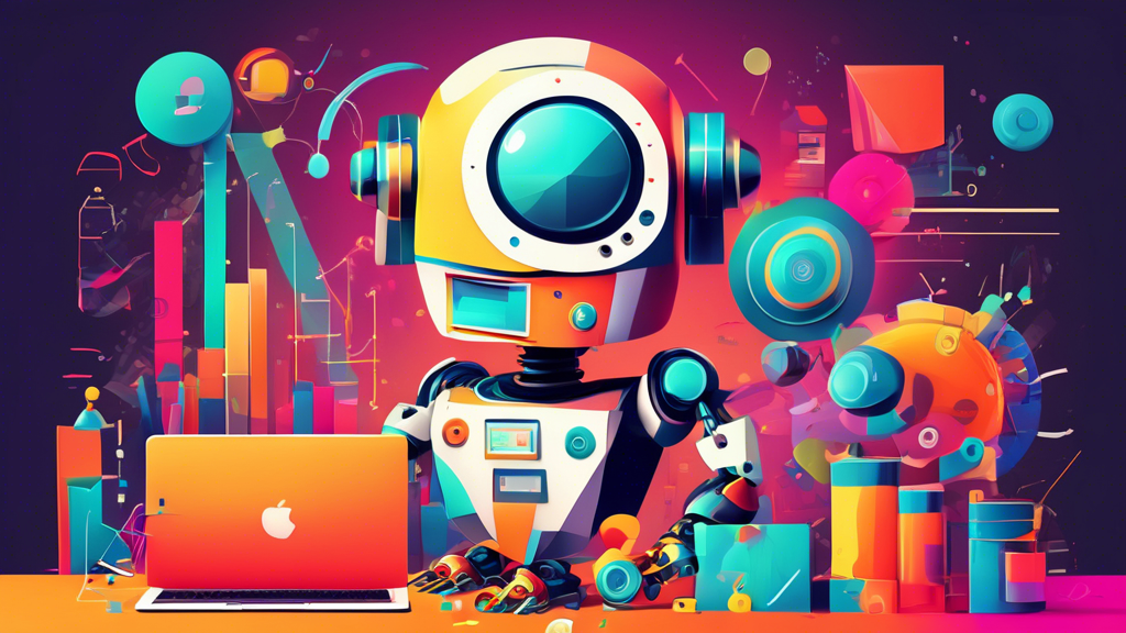 A whimsical robot surrounded by colorful, futuristic productivity tools, with graphs and charts shooting upwards in the background.