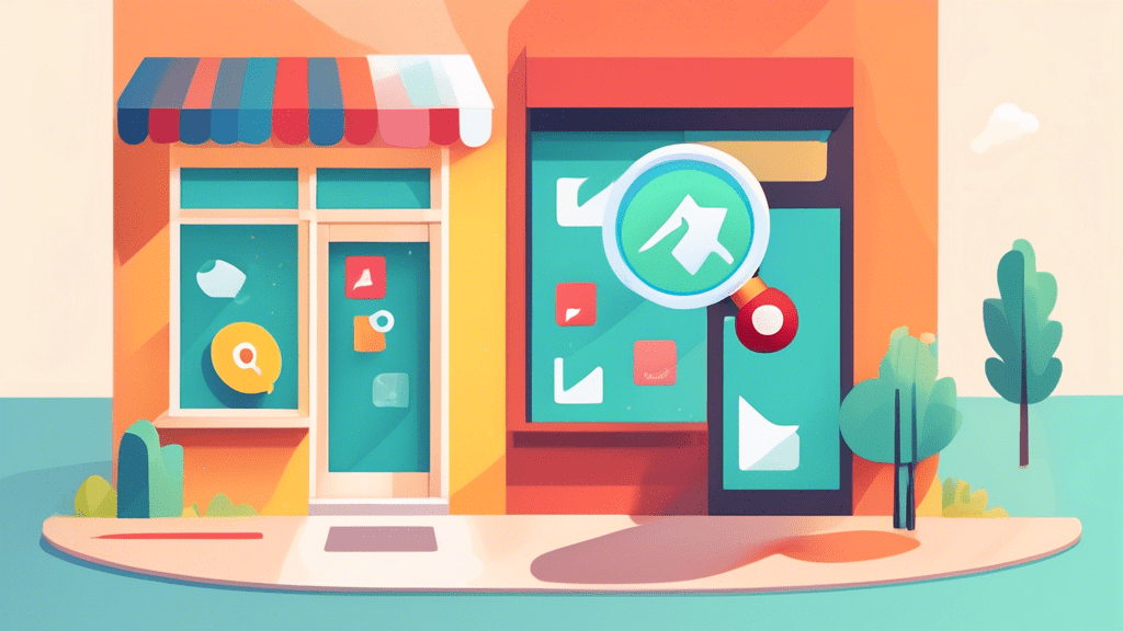 A storefront with a Google Maps pin hovering above it and a magnifying glass zooming in on the reviews section.