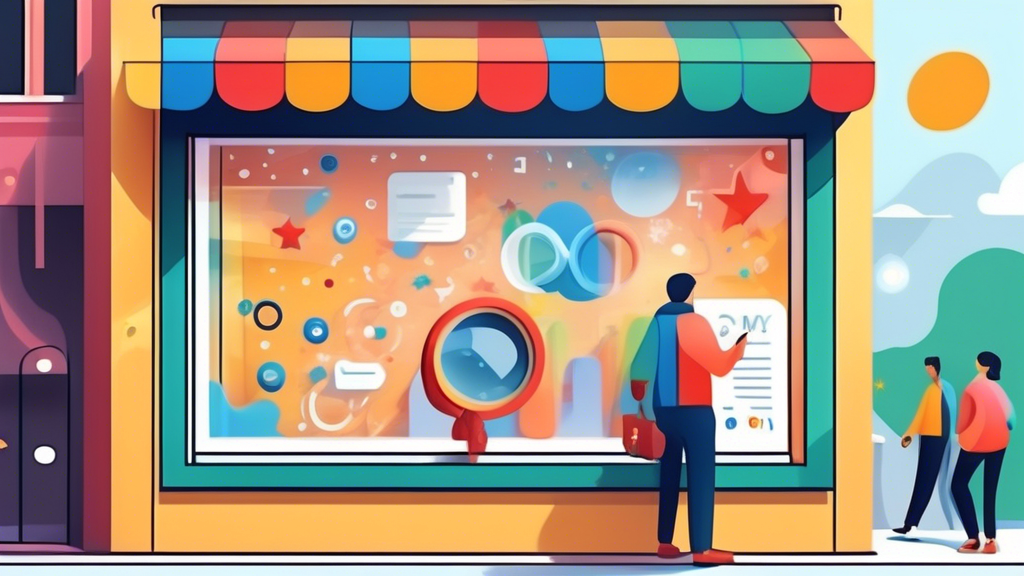 A storefront window with a magnifying glass reflecting the Google My Business logo, surrounded by floating keywords and five star reviews.