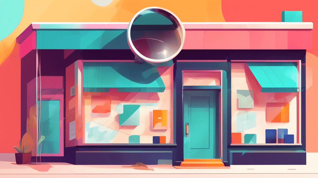 A storefront with a magnifying glass hovering over it and a Google Maps pin sticking out of the roof.