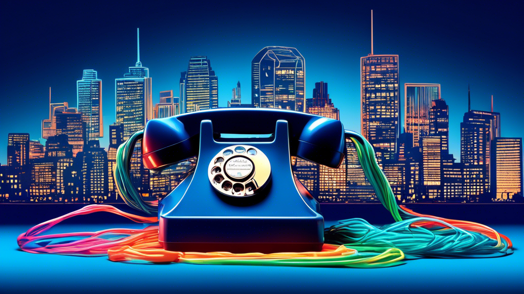 A vintage rotary phone with multiple phone cords coming out of it, each with a glowing target at the end, on a blue background with a city skyline silhouette.