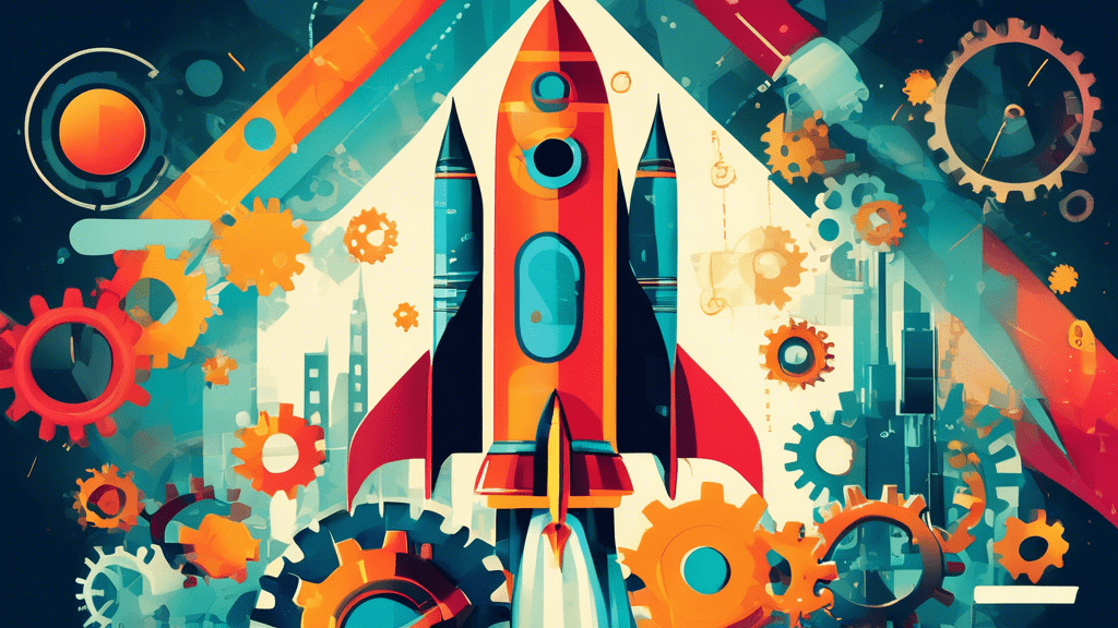 A rocket ship launching upwards with a business graph superimposed over it, surrounded by gears and cogs.