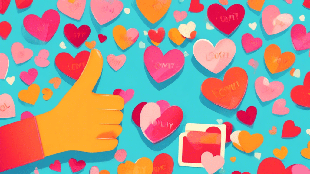 A happy customer giving a thumbs up surrounded by floating hearts and loyalty program cards.