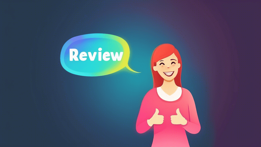 A happy customer giving a thumbs up with a glowing review bubble above their head.