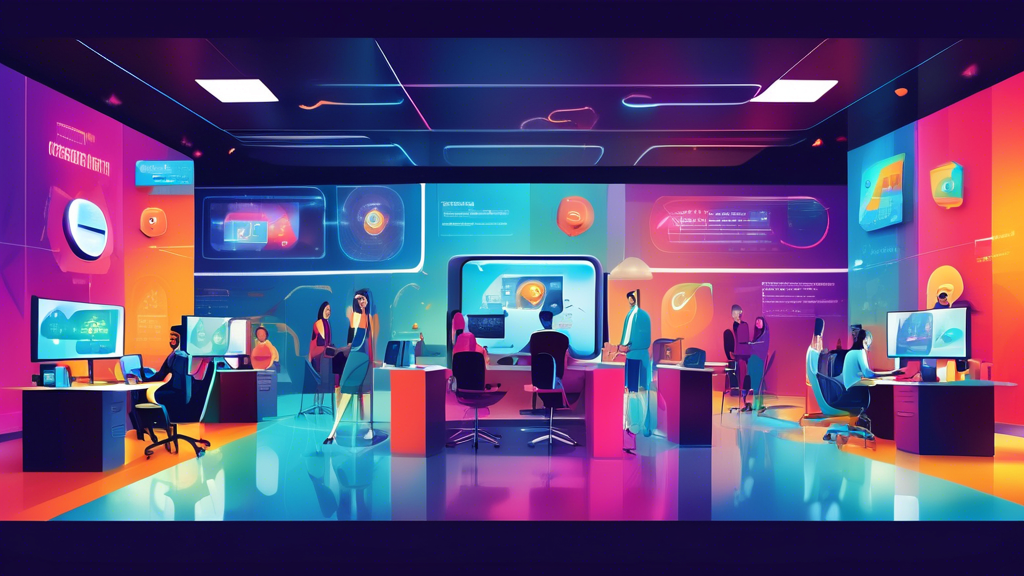 Create an image of a vibrant, modern customer service center with diverse, smiling agents assisting customers through various means such as phone calls, video chats, and live chats. The background sho