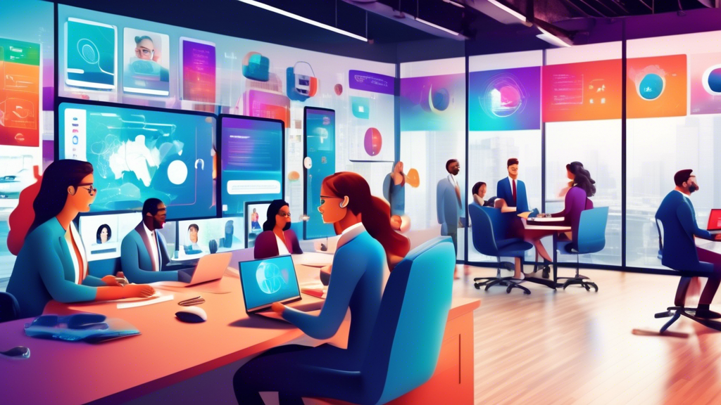 A vibrant, modern office scene showcasing a diverse team of professionals engaging with customers via various communication channels — including video calls, social media, and live chat. The atmospher