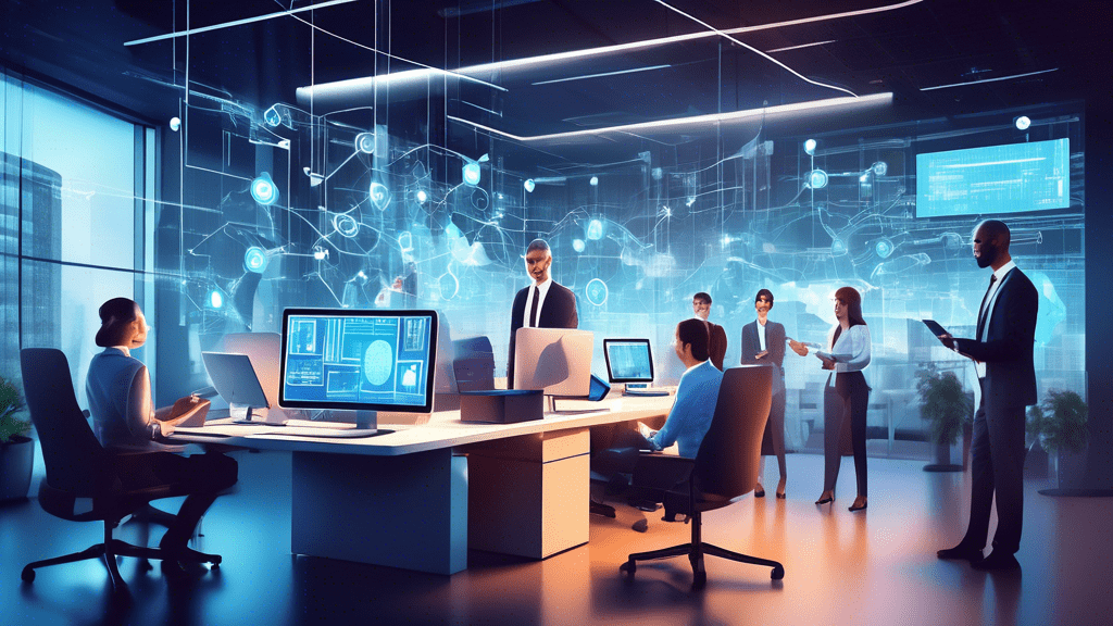 Create a high-tech corporate environment showcasing various elements that symbolize boosting operational efficiency. The scene should include teams collaborating using advanced digital tools, automate