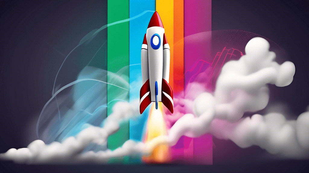 A rocket ship blasting off with a sales graph overlaid on the smoke trail, trending upwards.