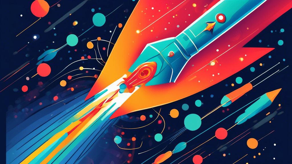 A rocket ship launching upwards, surrounded by a web, with a large target at the top. The web is filled with small points of light representing leads, funneling towards the rocket's open door.