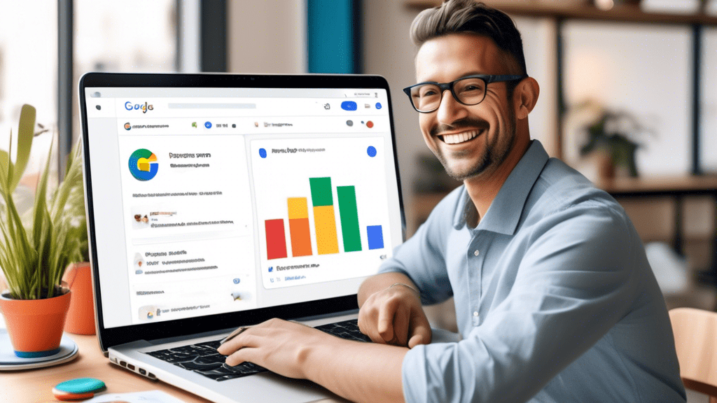 Create an image showing a business owner happily setting up their Google My Business profile on a laptop. The screen should display Google's interface with tabs for business information, reviews, and