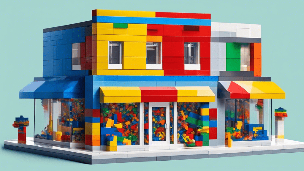 A storefront with the Google My Business logo on the window and a website being built inside, using colorful Lego bricks.