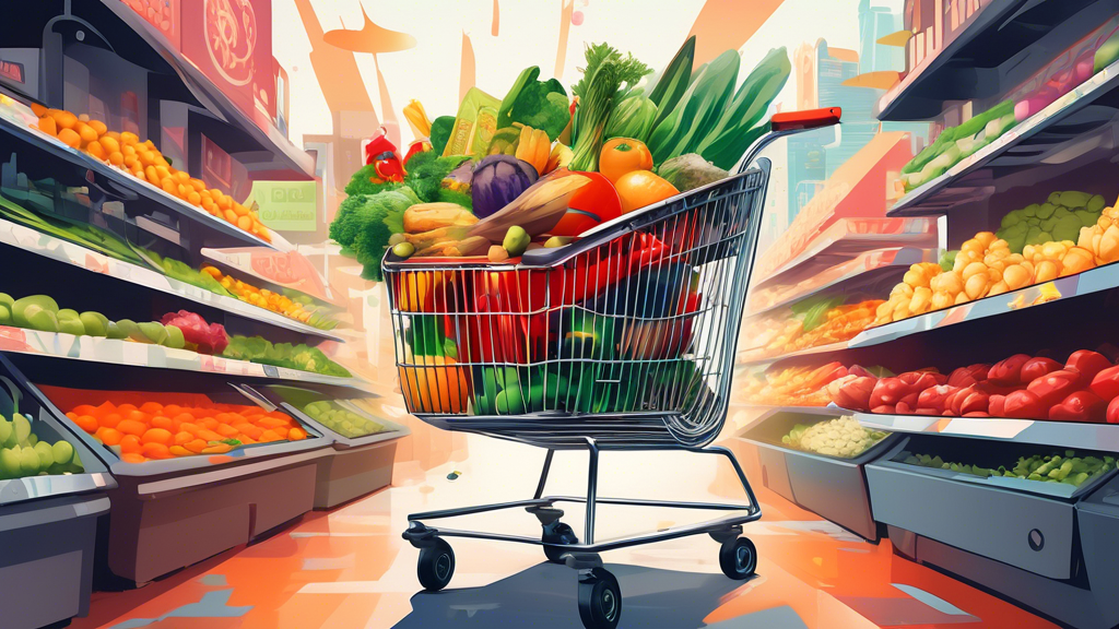 A futuristic, levitating shopping cart overflowing with fresh produce and groceries, set against a backdrop of a bustling marketplace.
