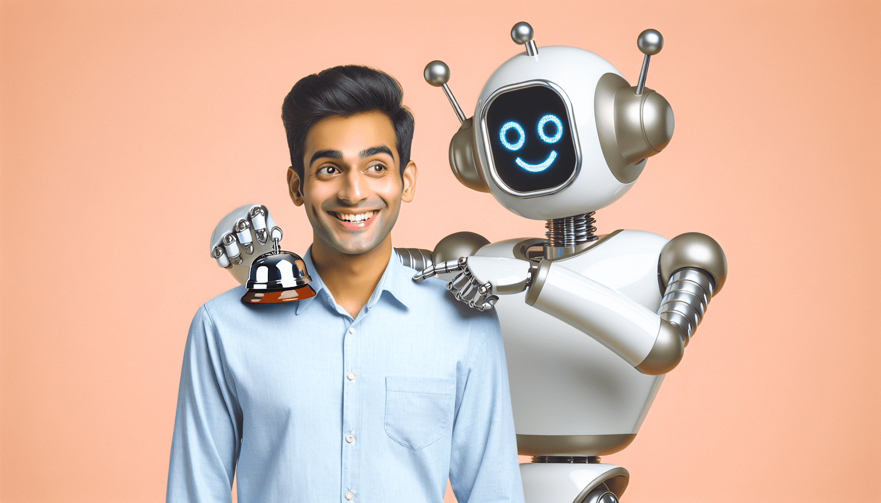A friendly robot gently tapping a person's shoulder with a notification bell in its hand.