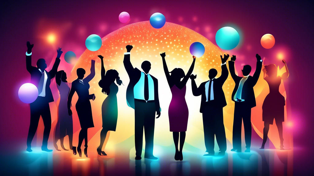 A diverse group of business people collaborating and celebrating success, with glowing orbs symbolizing empowerment and growth.