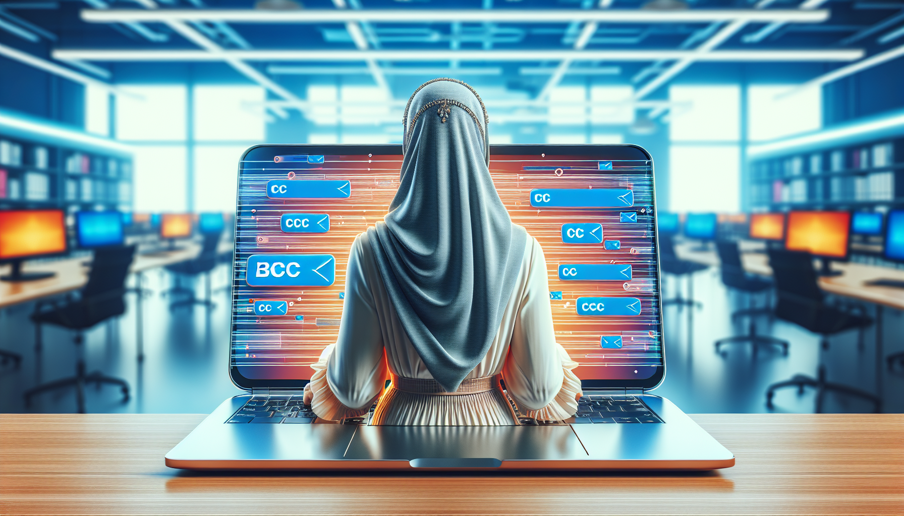 A businesswoman sending out an email to a large group of people, with the CC and BCC fields clearly visible and highlighted