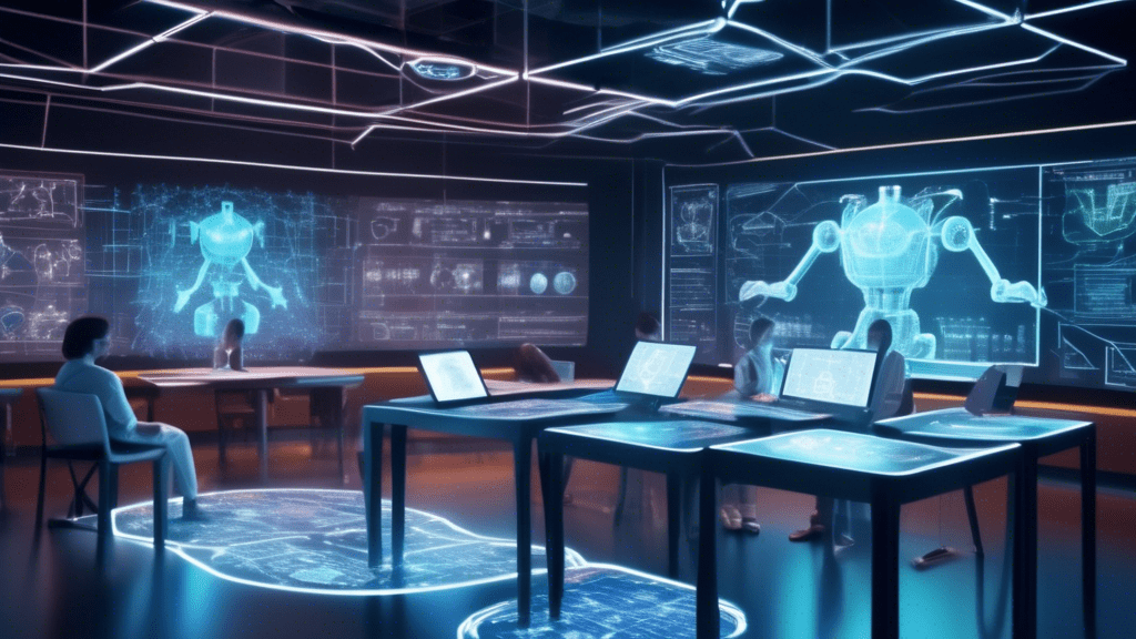 Create an image of a futuristic classroom where humanoid AI robots are attentively studying textbooks and solving equations on digital tablets. The room is filled with holographic charts and diagrams