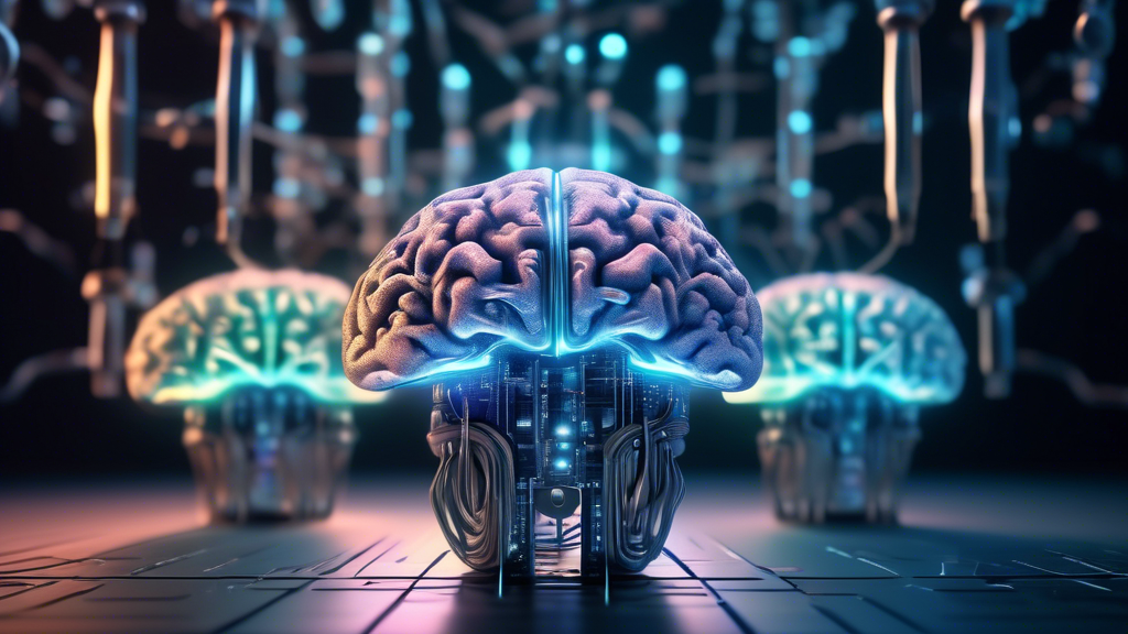 Create an intricate, futuristic scene of an AI model, represented as a glowing, holographic brain, surrounded by smaller versions of itself. These smaller AI models are making adjustments and upgrades