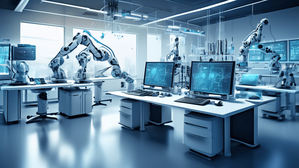 An illustration of a futuristic laboratory with advanced AI systems and robotic arms on computer terminals displaying LLM outputs, alongside decision trees and graphical models visualizing discrete cl