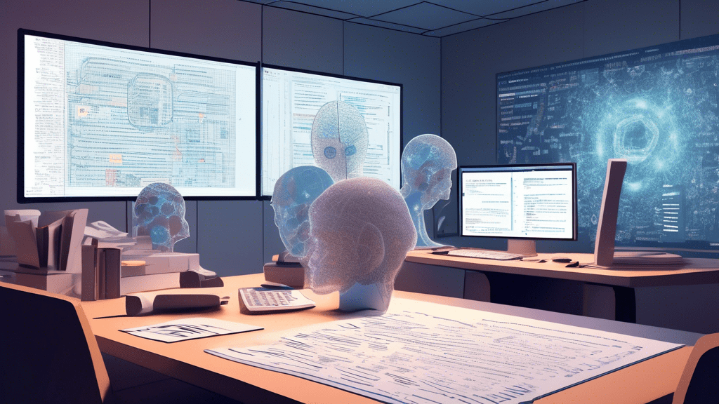 Create an image of a large, futuristic computer surrounded by textbooks and paper documents. The computer screen displays text being generated by an advanced AI algorithm, with a thought bubble above