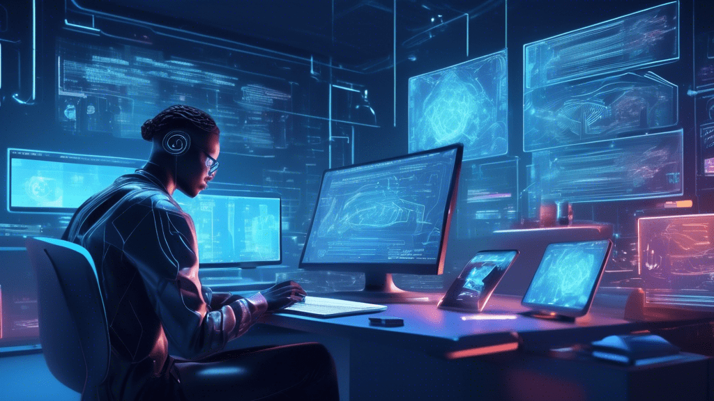 Create a digital illustration of a futuristic workspace where a human programmer and a lifelike AI assistant collaborate on coding. The human is sitting at a desk with multiple screens displaying code